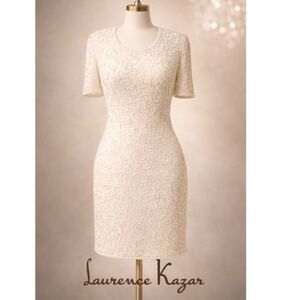 Vintage Laurence Kazar 100% Silk Hand-Beaded Cocktail Dress Cream Size PM